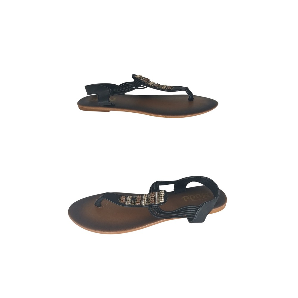 Mudd Beaded T-Strap Thong Sandals Small 5-6 Black Tan Boho‎ Festival Summer Chic
